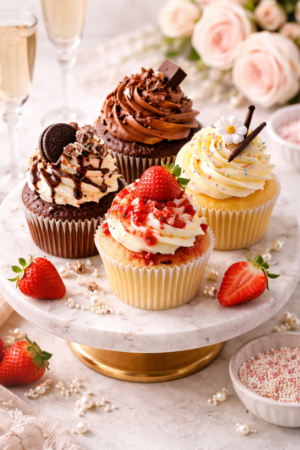 Assorted cupcakes presented on a marble stand